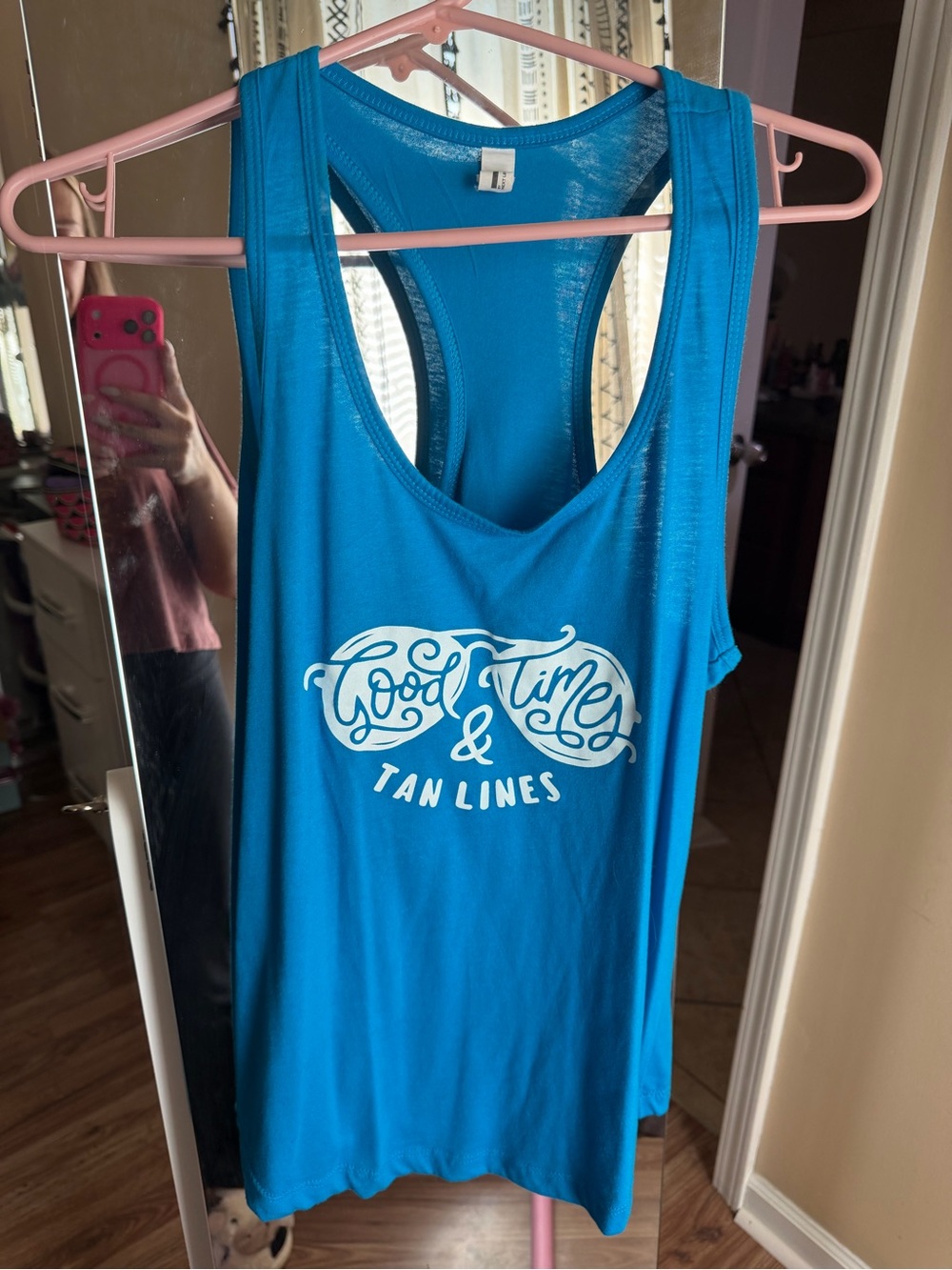 Blue Racerback Tank with "Good Times & Tan Lines" Graphic